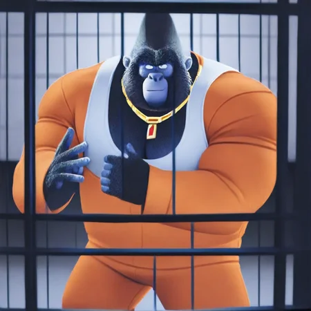 Big daddy, bara, mature male, older male, gorilla, broad shoulders, large build, muscular male, (pose:1.3), (posing:1.3), (soft shading), 4k, hi res, five fingers, detailed hands, ((detailed face, (detailed eyes:1.0), detailed)), (full body), smug, jewelry, gold necklace pectoral cleavage, prison, white tanktop, prison jumpsuit, orange suit,