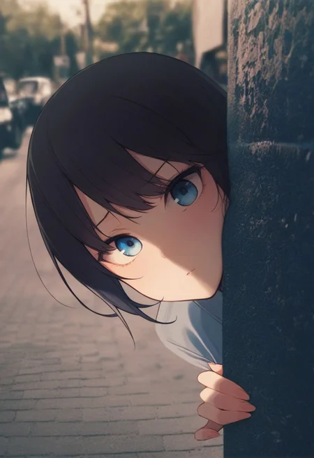 masterpiece,best quality,amazing quality, PHTBG, photo background, 1girl, outdoor, blue eyes, black hair, standing, face close up