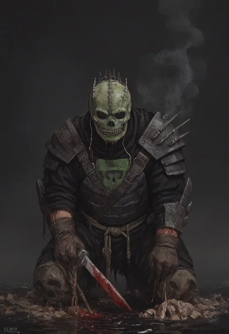 (score_9, score_8_up, score_7_up), drhdr_style, 1boy, solo, sketch, green skull mask, japanese armor, knife, holding knife, blood, magic, slull mask, skull, low light, darkness, man standing knee-deep in black water and holding weapon, black smoke, close-up, detailed background