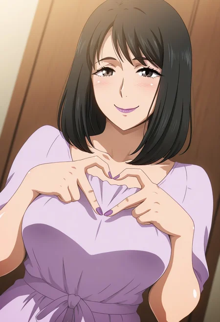 , 1girl, solo, medium build, medium hair, sfw, safe for work, covered skin, flowy dress, black eyes, purple lipgloss, smiling, portrait, upper body, heart hands, mature female, foreshortening, detailed, newest, shiny skin, cowboy angle, solo focus, medium breasts, hara