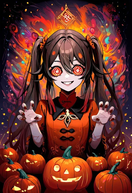 score_9, score_8_up,source_anime,
(scenary:1.2), Dynamic light, looking at viewer, zzPumpkinHouse, occultoculi, Hu_Tao_(Genshin_Impact), smile, @_@ , red eyes, brown hair, long hair, twintails, symbol-shaped pupils, scary pumpkin costume, ruffles, standing, upper body, claw hands, nails Black | Orange ,, Halloween background, pumpkins, Pumpkin Lights,,