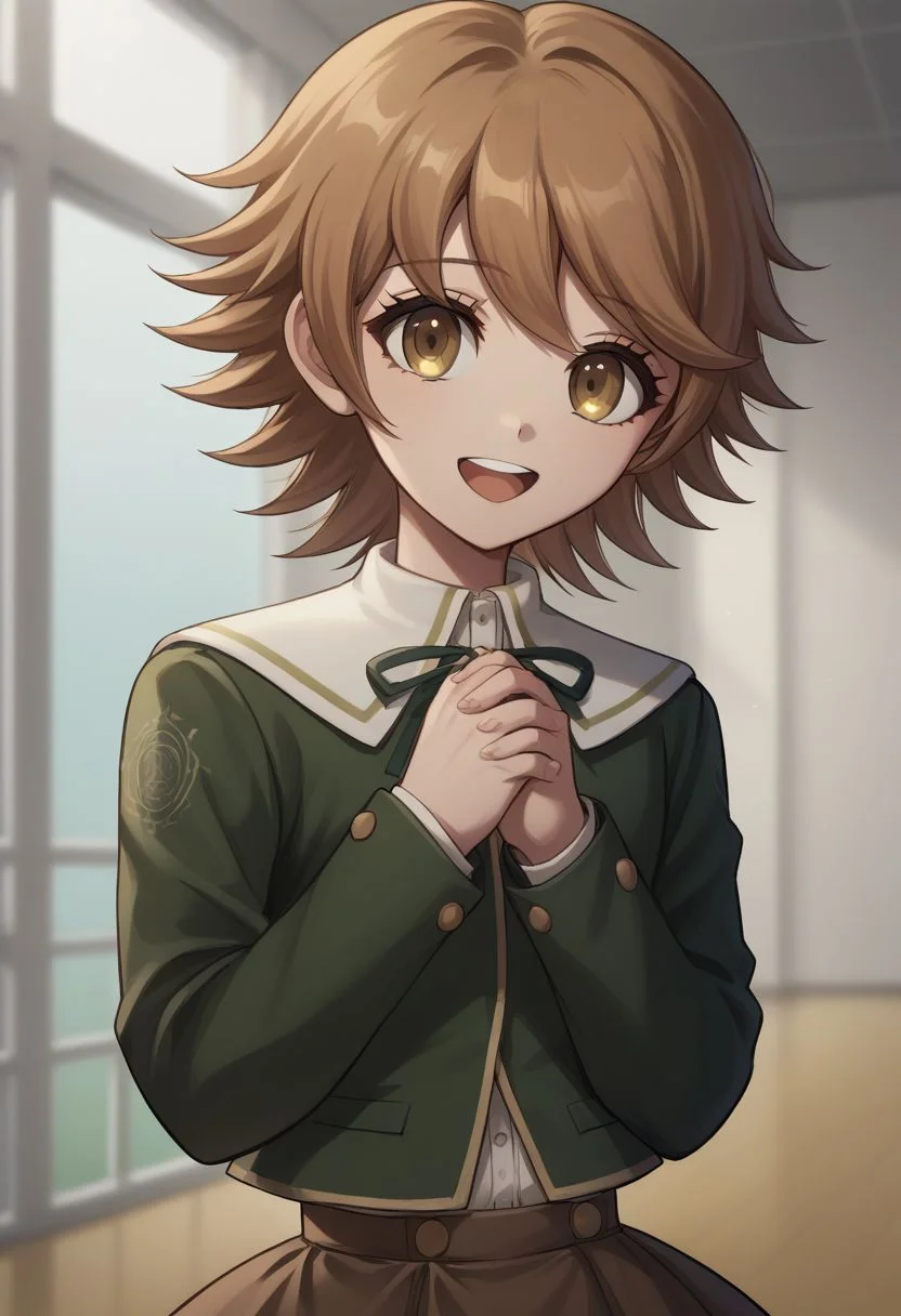 score_9, score_8_up, source_anime, highly detailed, 1boy, solo,
chihiro, 1boy, brown hair, male focus, solo, skirt, smile, open mouth, bangs, brown eyes, teeth, upper teeth only, jacket, own hands together, :d, short hair, brown skirt, crossdressing,
indoor,
