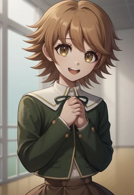 score_9, score_8_up, source_anime, highly detailed, 1boy, solo,
chihiro, 1boy, brown hair, male focus, solo, skirt, smile, open mouth, bangs, brown eyes, teeth, upper teeth only, jacket, own hands together, :d, short hair, brown skirt, crossdressing,
indoor,