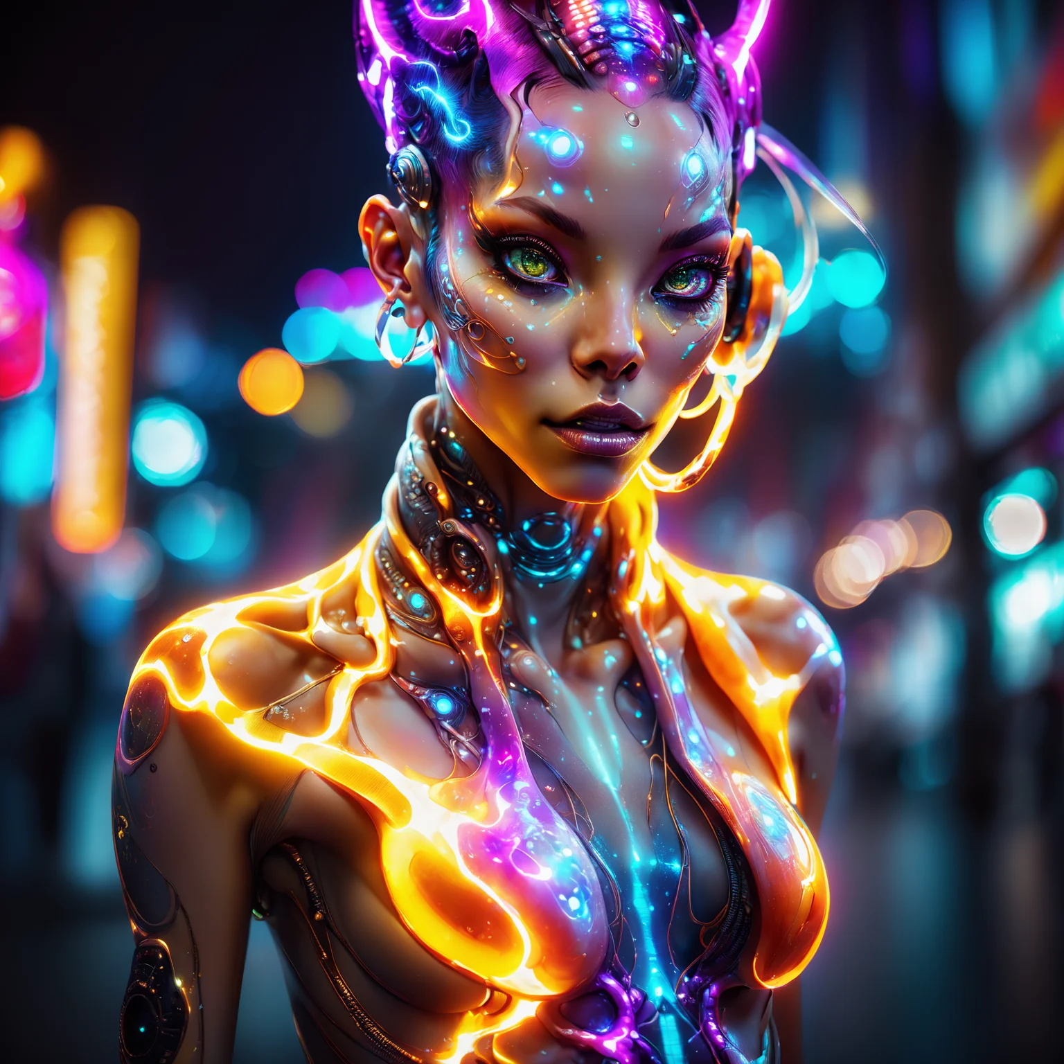 <lora:aiai-DiscoFire-XL1-v1-captions:0.75> aiai-DiscoFire style slaanesh humanoid street couture cyberpunk enticer with sensual body and neon makeup, art by lee jeffries and steve mccurry, bokeh background, high iso noise, translucent skin, internal illumination, heavy makeup, neo-tokyo arcade hall, ultra wide angle, lomo style fisheye lens, masterpiece, best quality, vice documentary, analogue photograph, film grain, unique and immersive vibe, internal illumination, hyperrealism, lucid, high quality, 8K Ultra HD, masterpiece, best quality