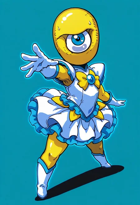 masterpiece, best quality, mrsffl2ilxl, 1monster, 1 monster, monster, cyclops, one-eyed, blue eyes, shiny skin, yellow skin, chibi, no humans, henshin_d, glowing dress