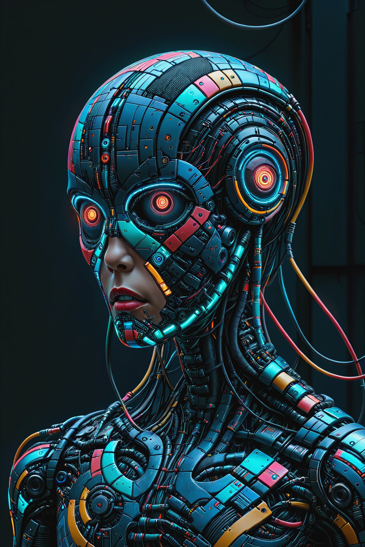 noface (mad_colorful_mosaic:1.2) cyborg, cables, tubes, upperbody, cyberpunk city, neon lights, night <lora:Colorful_Mosaic_SDXL:1.2>  <lora:Faceless_Cyborgs:0.6>, <lora:EnvyBetterHiresFixXL01:1>, masterpiece, best quality, ultra high res, (photorealistic, realistic:1.2), deep shadow, raw photo, film grain, Fujifilm XT3, 8k uhd, dslr