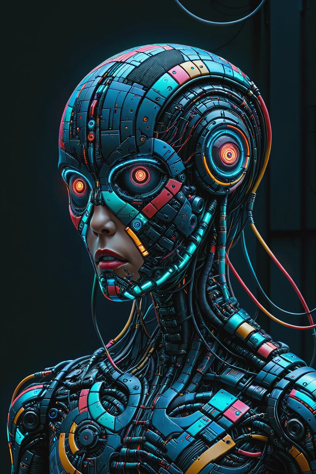 noface (mad_colorful_mosaic:1.2) cyborg, cables, tubes, upperbody, cyberpunk city, neon lights, night <lora:Colorful_Mosaic_SDXL:1.2> <lora:Faceless_Cyborgs:0.6>, <lora:EnvyBetterHiresFixXL01:1>, masterpiece, best quality, ultra high res, (photorealistic, realistic:1.2), deep shadow, raw photo, film grain, Fujifilm XT3, 8k uhd, dslr