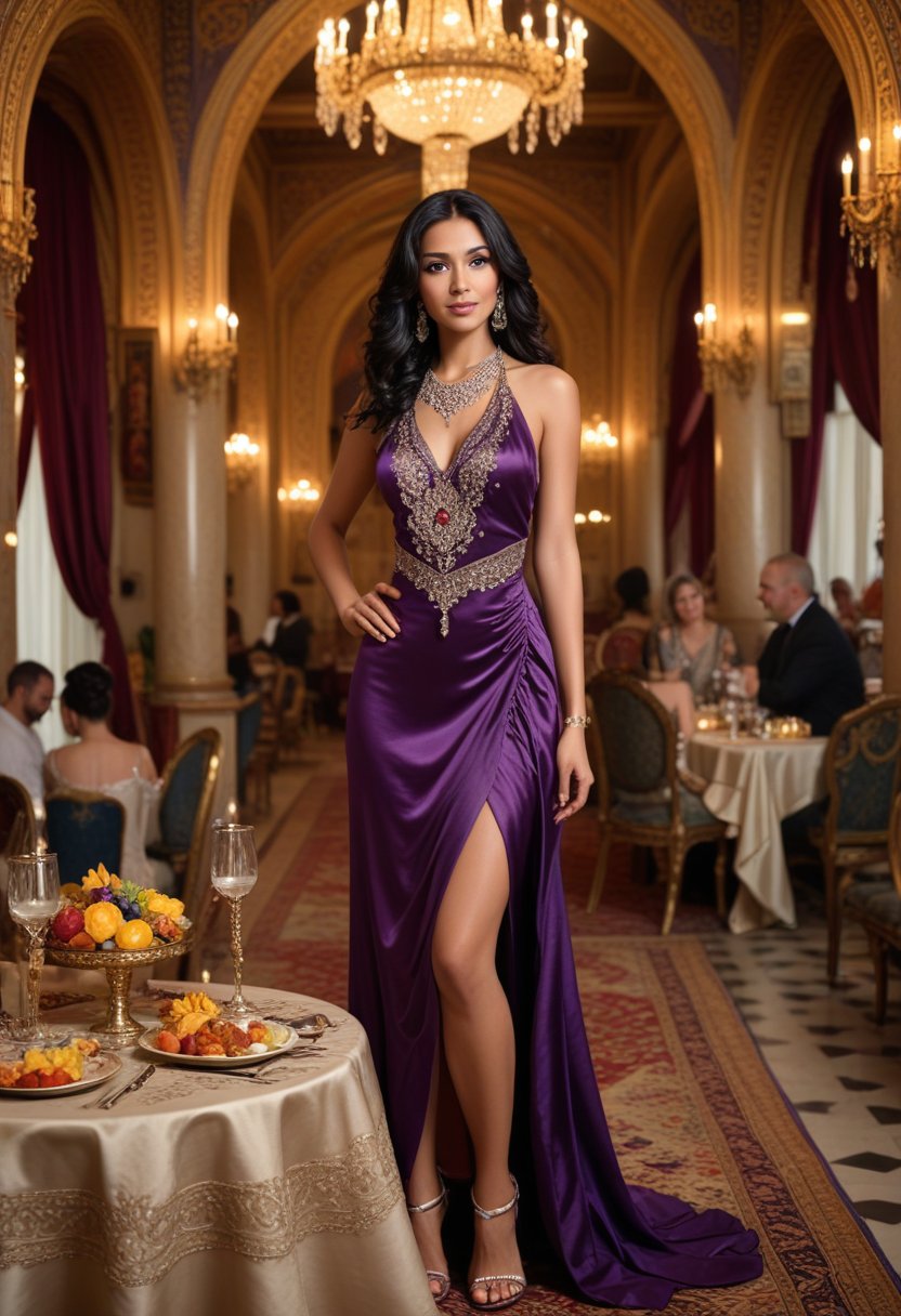 (medium full shot) of  (sexy arabian princess) young woman, slim, black hair, wavy hair, brown eyes, tan skin, wearing Flowing satin dress in deep purple, with silver-thread embroidery, draped silhouette, ornate necklace, jeweled sandals, silk chiffon scarf with hand-painted floral motifs, set in  palace Banquet Hall, Opulent space with long banquet tables, golden chandeliers, silk draperies, musicians playing soft melodies, servants bustling about with trays of delicacies , at sunset, laughing, arms crossed, Masterpiece,best quality, photorealistic, amazing quality, very aesthetic, extremely detailed face,