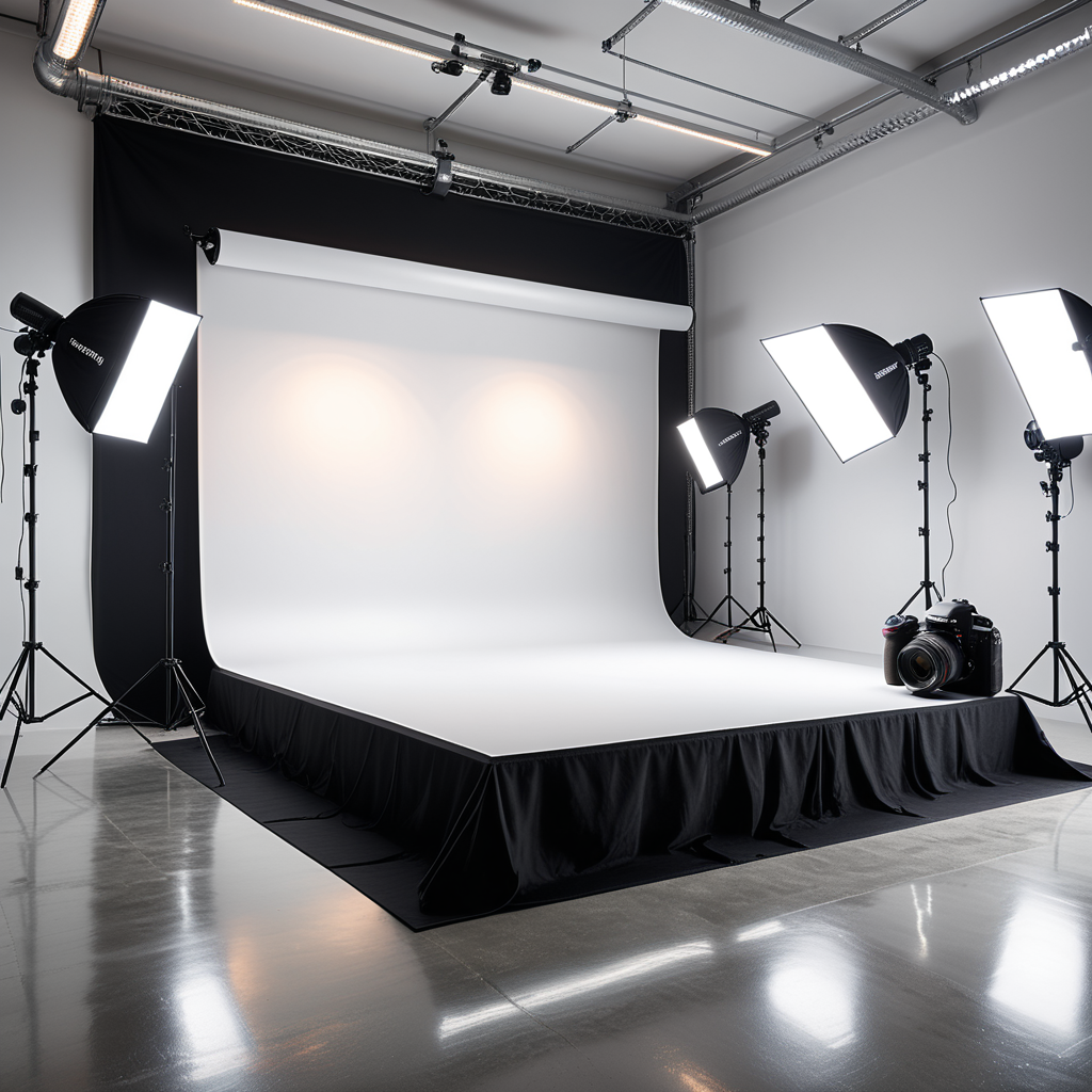 A professional photography studio with a clean, modern design. The room has smooth white walls and a polished concrete floor. A large white backdrop extends across one wall, seamlessly curving into the floor to create an infinity effect. Positioned directly in front of the backdrop is a high-end DSLR camera mounted on a sturdy black tripod, aimed toward the scene for shooting. The camera has a visible lens and adjustment dials, indicating a professional setup. On either side of the backdrop are two large softbox lights mounted on adjustable stands, emitting a soft, even glow. In the background, there are black equipment cases stacked neatly against the wall, adding to the organized workspace. The overhead fluorescent lights illuminate the space evenly, and faint reflections of the setup can be seen on the smooth floor. The overall atmosphere is bright, clean, and professional, emphasizing functionality and creative potential.
<lora:SDXLFaeTastic2400:0.4> <lora:extremely_detailed:0.4> extremely detailed, Masterpiece,best quality,hi res,8k,hi res,8k,award winning,(sharp focus, intricate, highly detailed),