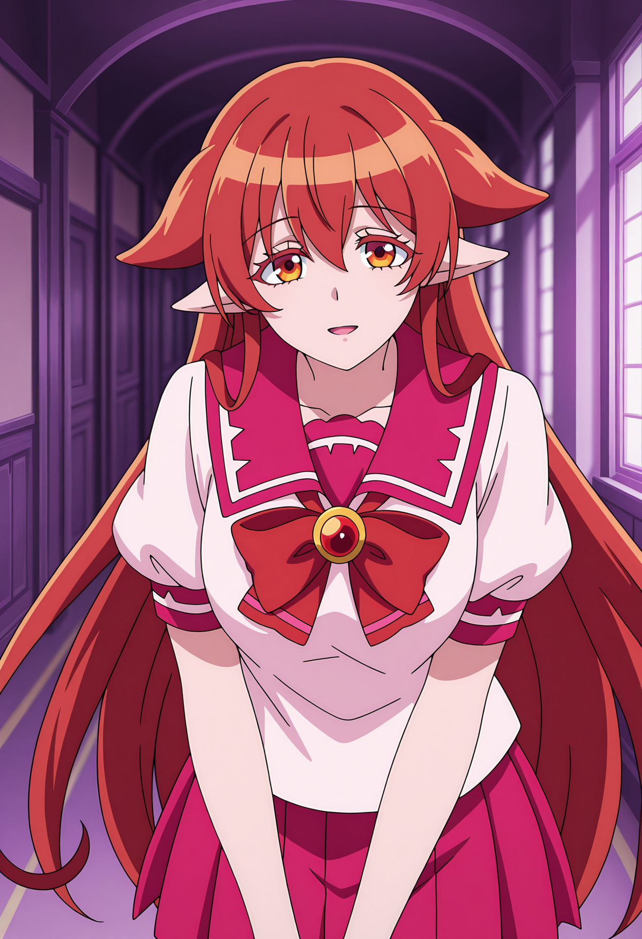 anime screencap, masterpiece, best quality,
<lora:MairimashitaIruma-Kun_AzazelAmeri_IlluXL:0.9>,
1girl, solo, light smile, open mouth,
hair flaps, very long hair, hair between eyes, red hair, orange eyes, pointy ears, colored eyelashes,
pink sailor collar, red bowtie, red brooch, white shirt, puffy short sleeves, pleated skirt, pink skirt,
standing, looking at viewer, cowboy shot,
indoors, hallway, purple theme, school