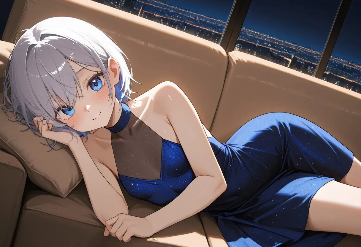 (masterwork,wallpaper, masterpiece, best quality, hyper-detailed, 8k uhd::1.4, very aesthetic, absurdres, newest),
1girl, anatomically correct, proper proportions, detailed eye,
small slim girl, disheveled silver-haired, blue eyes, blue sleeveless halter high neck long intricate dress, transparent intricate black fabric covering collarbone and upper chest,
laying on cozy sofa,
happiness, gentle gaze, gentle smile, looking at viewer,
detailed environment, night scene, windows, cityscape, city lights, professional lighting, warm ambient lighting, soft shadows, volumetric lighting, clear composition, solo focus, dynamic angle, high angle shot,