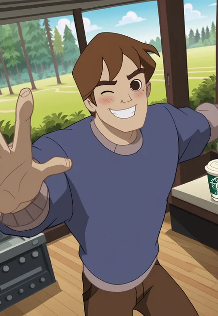 score_9, score_8_up, score_7_up, Absurdres, Intricate Details, Masterpiece, Best Quality, Expressiveh, source_cartoon, screencap, high quality cg, sz4d3k, dofus,
1boy, male focus, solo, plump pecs, 
SpecStyle, SpecPeterParker, short hair, brown hair, mole under eye, layered sleeves, brown pants, blue shirt,
indoors, starbucks, forest, clouds, dynamic angle, dim lighting, dynamic pose,
looking at viewer, blush lines, wink, grin,