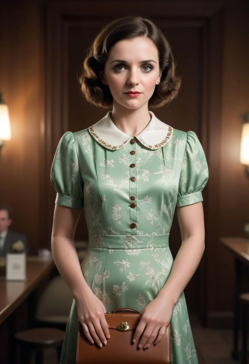 rated_safe, Archive photo, 1930s (style), vintage, retro, Archive photo, 1930s Fashion, professional photo of 40yo woman in (simple) light green and white detailed floral dress with collar, brown leather bookbag, detailed buttons, 4k, 8k, high quality, perfect lighting, detailed face and detailed eyes, skin detail, solo focus, photography raw, (bar), perfect lighting, clean smooth skin, looking at camera, detailed eyes, pretty face, full body standing, photoshoot,