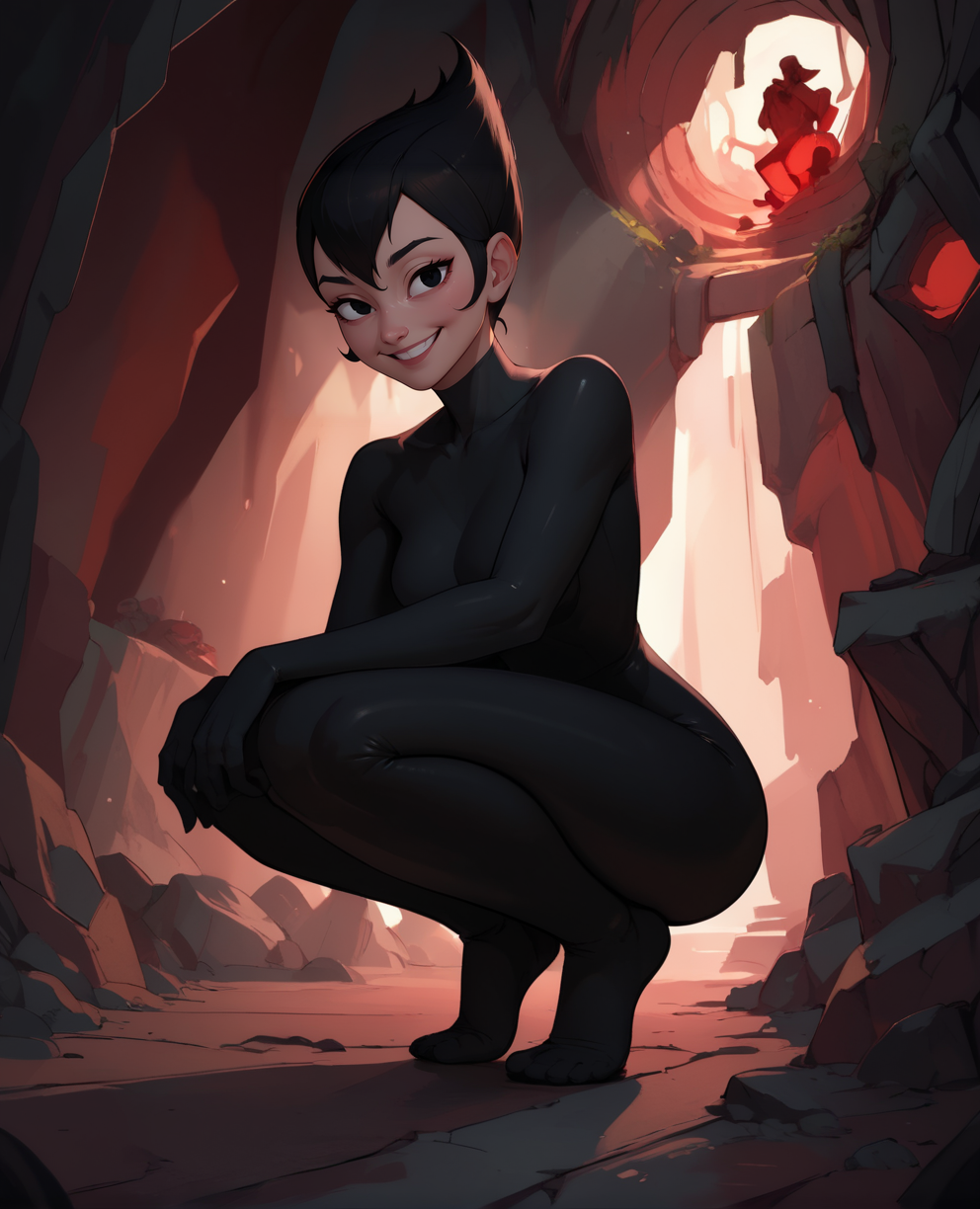 score_9,score_8_up,score_7_up BREAK {prompt},
ashi,black eyes,black hair,bodysuit,
smile,
squatting,
dark caves,red lighting,dark corners,
<lora:Ashi80:0.8>,
