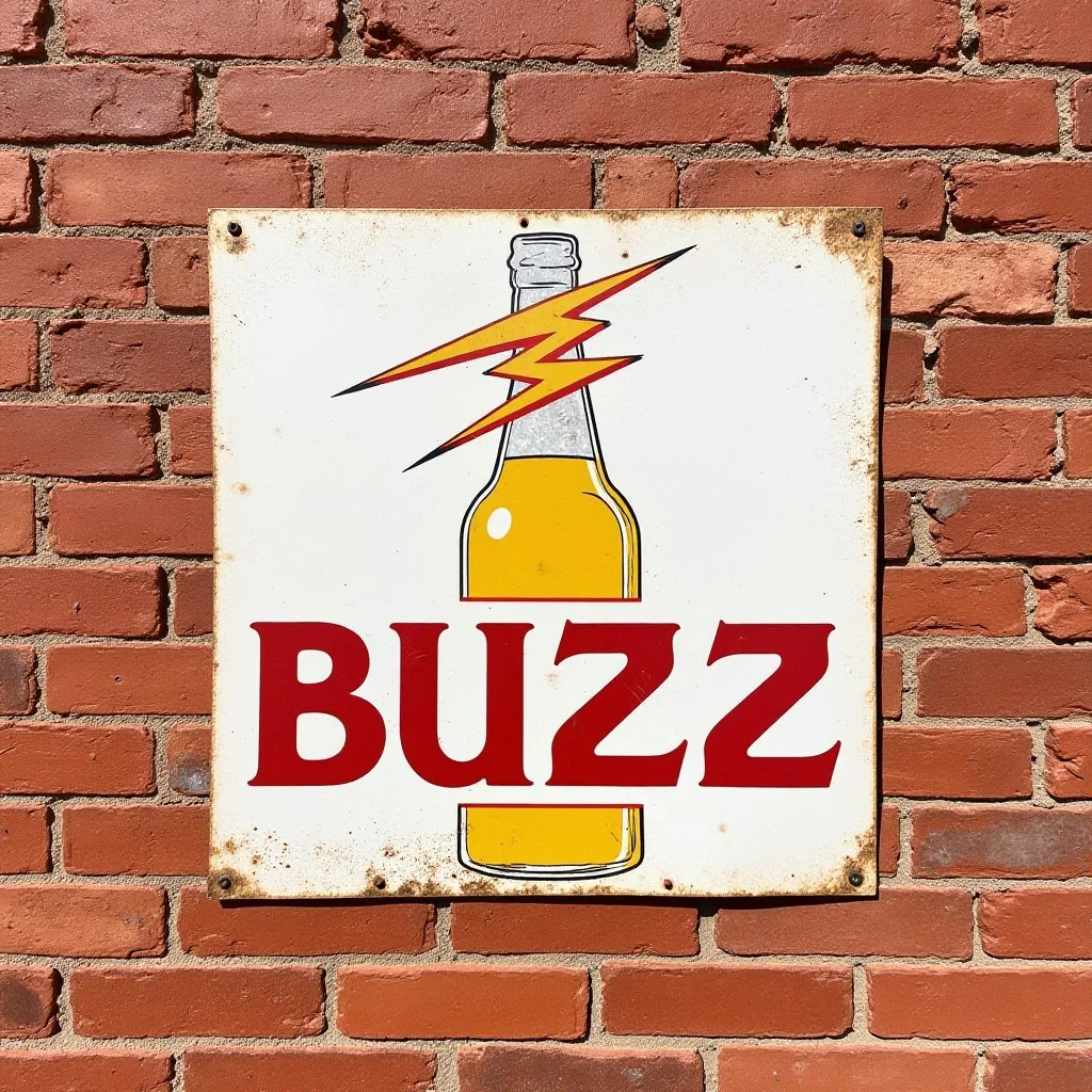 a vintage sign for "BUZZ" featuring a beer bottle with a lighting bolt, it looks dilapidated and is screwed to a brick wall