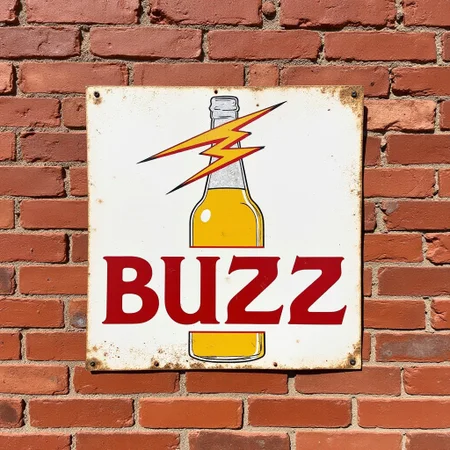 a vintage sign for "BUZZ" featuring a beer bottle with a lighting bolt, it looks dilapidated and is screwed to a brick wall