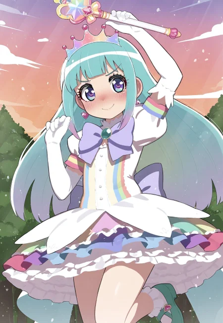 Mizumizuni, 1girl, rainbow eyes, pastel rainbow hair, multicolored hair, gradient hair, long hair, masterpiece, best quality, absurdres,
(pastel colors, pastel pink, pastel blue, pastel orange, pastel green, pastel purple), pastel rainbow magical girl, padded magical girl dress, kawaii, frilled skirt, thighhighs, padded pastel rainbow dress, multilayered dress, petticoat, padded dress, puffy short sleeves, elbow gloves, rainbow tiara, gem brooch, large bow, ribbons, lace trim, frills, satin, sparkles, glitter, heart earrings, rainbow accessories, jewelry, bobby socks, frilled mary janes,
lipgloss, eyelashes, blush, light makeup,  
outdoors, nature, clouds, sunset,
solo, cowboy shot, standing on one leg, happy smile, one arm up, holding magical girl wand, heart scepter,
intricate, highly detailed, majestic, shallow depth of field, movie still, circular polarizer, light reflections, light particles, particles, sun rays