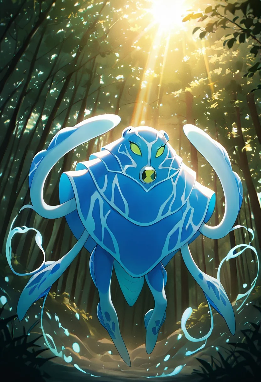 masterpiece, best quality, amazing quality, very aesthetic, absurdres, newest,, detailed background,
ampfibian, full body, pokemon (creature), no humans, colored sclera, green eyes, blue skin, tentacles, extra eyes, colored skin, squid, jellyfish, no mouth,
upper body,, solar bear, sun beam, run ray, trees, dynamic pose, forest