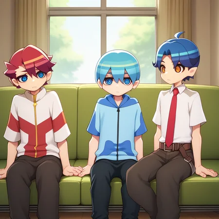 score_9,score_8_up,score_7_up,score_6_up,score_5_up,score_4_up,toshi hatano,sakko otori,rimiya tsukishiro,multiple boys,3boys,necktie,sitting,male focus,(crossed arms:0.4),pants,hood,black pants,shirt,hoodie,indoors,belt,couch,window,white collared shirt,white-red jacket,brown pants,<lora:Myth_of_Emotions_V1-1:1>,
