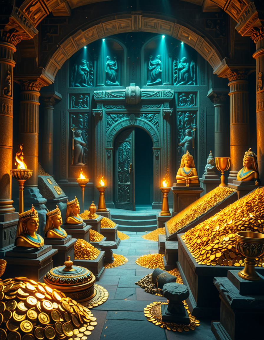 A hidden treasure chamber deep within an ancient temple, illuminated by the warm golden glow of torches and mystical blue light from enchanted crystals. The room is filled with piles of gold coins, jewel-encrusted goblets, and ancient artifacts covered in dust. Massive stone statues of forgotten deities guard the chamber, their eyes glowing faintly as if watching intruders. In the center, a grand pedestal holds a legendary artifactâan ornate golden crown encrusted with emeralds and sapphires, shimmering with an otherworldly aura. The walls are adorned with intricate carvings depicting lost civilizations, and creeping vines hint at centuries of abandonment. The atmosphere is mystical and slightly eerie, with a sense of both wonder and danger. The air is thick with the scent of aged parchment and burning incense, adding to the chamberâs ancient and mysterious feel. Cinematic lighting with dramatic shadows enhances the depth and richness of the scene, creating a visually stunning and immersive environment.
<lora:SDXLFaeTastic2400:0.4> <lora:extremely_detailed:0.4> extremely detailed, <lora:treasure_ch4mb3r:1>,treasure ch4mb3r, Masterpiece,best quality,hi res,8k,hi res,8k,award winning,(sharp focus, intricate, highly detailed),