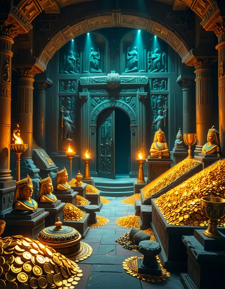 A hidden treasure chamber deep within an ancient temple, illuminated by the warm golden glow of torches and mystical blue light from enchanted crystals. The room is filled with piles of gold coins, jewel-encrusted goblets, and ancient artifacts covered in dust. Massive stone statues of forgotten deities guard the chamber, their eyes glowing faintly as if watching intruders. In the center, a grand pedestal holds a legendary artifact—an ornate golden crown encrusted with emeralds and sapphires, shimmering with an otherworldly aura. The walls are adorned with intricate carvings depicting lost civilizations, and creeping vines hint at centuries of abandonment. The atmosphere is mystical and slightly eerie, with a sense of both wonder and danger. The air is thick with the scent of aged parchment and burning incense, adding to the chamber’s ancient and mysterious feel. Cinematic lighting with dramatic shadows enhances the depth and richness of the scene, creating a visually stunning and immersive environment.
<lora:SDXLFaeTastic2400:0.4> <lora:extremely_detailed:0.4> extremely detailed, <lora:treasure_ch4mb3r:1>,treasure ch4mb3r, Masterpiece,best quality,hi res,8k,hi res,8k,award winning,(sharp focus, intricate, highly detailed),