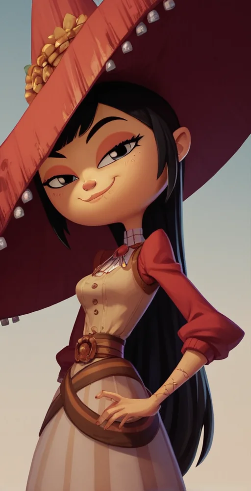 score_9,score_8_up,score_7_up,score_6_up, solo, 1girl, hat, black hair, looking at viewer, smug, nose, <lora:Adelita_Sánchez_Pony_XL_Book_of_Life:1>