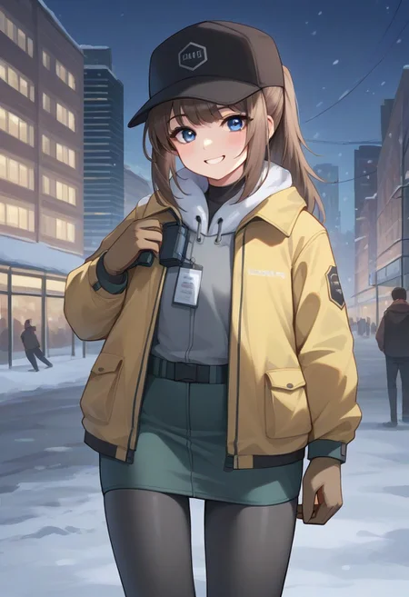 score_9, score_8_up, score_7_up, source_anime, BREAK
standing, cowboy shot, smile, brown hair, ponytail, blue eyes, baseball cap, yellow jacket, walkie-talkie, gloves, skirt, pantyhose, snow, city, dusk
