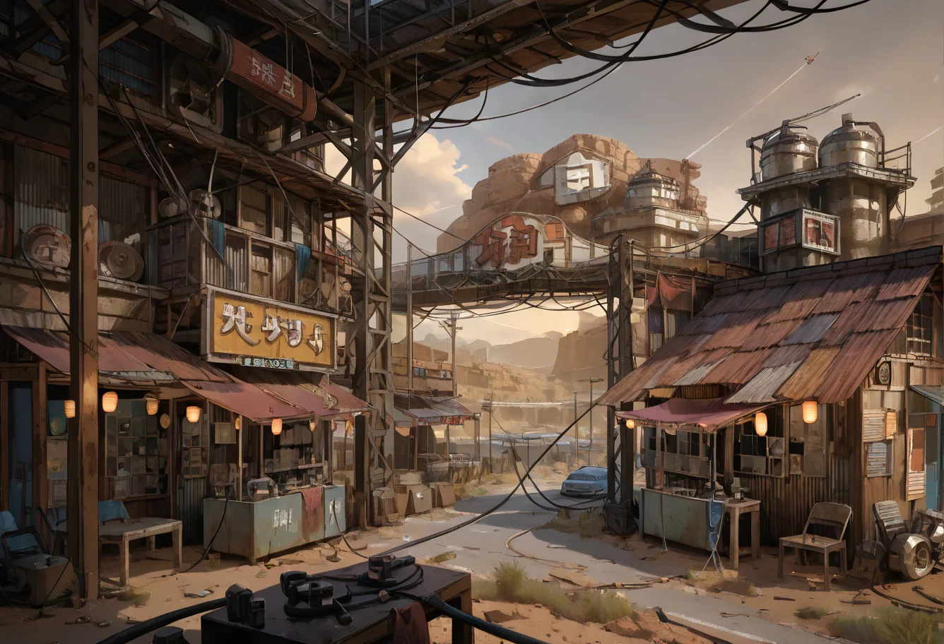 ,ruanyi0776,cable,scenery,<lora:0776 wasteland punk_v1_pony:1>, score_9,score_8_up,score_7_up,,8k,1girl,solo,