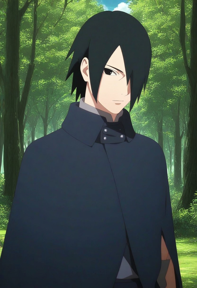 score_9, score_8_up, score_7_up, masterpiece, best quality, amazing quality, very aesthetic, 
high resolution, ultra-detailed, absurdres, newest, official art, 1boy, Sasuke Boruto, male, black hair, blue dark cape closed, long sleeve grey shirt, solo, outdoors, black eyes , male, solo, looking at viewer, perfect face, hair over one eye, standing
BREAK volumetric lighting, depth of field, Detailed, Anime screencap, detailed illustration, anime backround, one arm, forest background