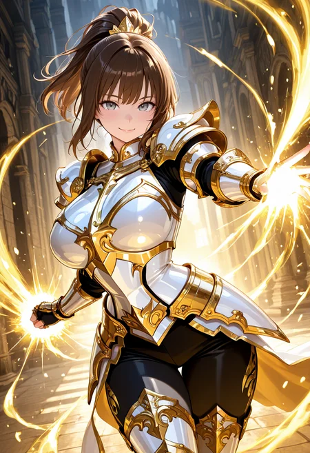 masterpiece,best quality,amazing quality, very aesthetic, ((outlined outlined vector graphics)), cute face, (glow eyes:0.5) , from front, looking at viewer ,detailed background,
1girl,
20yo, brown hair, gray eyes, (large breast:1.1), (ponytail:1.1), medium hair,(curvy:1.1),bangs,
,solo,cute face,
smile, prated lips , white armor, golden-mythril-armor , , glowing, glittering , fantasy, glimmering , pants , action pose, clothed <lora:golden-mythril-armor-il-01:0.8>