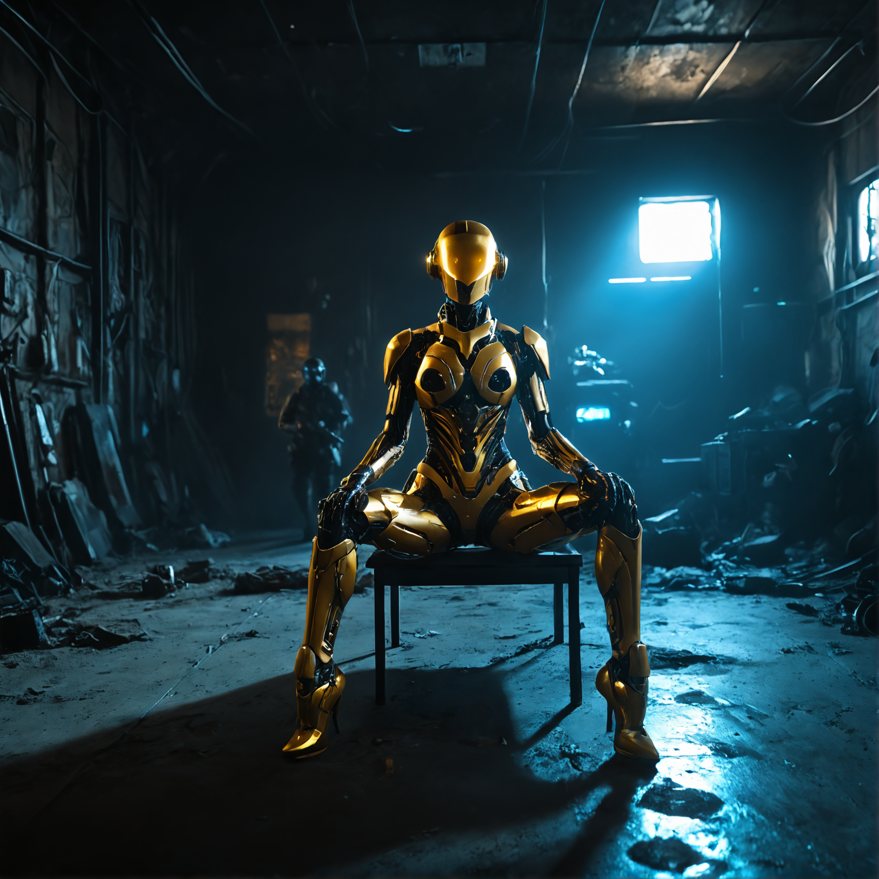 scifi post-apocalyptic theme, yellow metall flake costume, glittering, futuristic golden cyborg, woman biorobot,  scratches, dents, heavy used outfit, black visor, sniper, rifle, plazma gun in right hand, sitting at the roof of skyscrapper, pointing to the left,  in a neon cyber city, colorful, high contrast lighting, smooth contours and sharp lines, sci-fi element, 3d rendering , atmospheric, best quality, sharp focus, high contrast, stylized, dark, clear, surreal, ultra quality, 8k, best quality, masterpiece, midjourneyv6.1, detailmaximizer <lora:SDXL_Breast Size Slider:0.4> <lora:Realism_Lora_By_Stable_yogi_SDXL8.1:2>  <lora:Mechanism-pdxl-1:0.1> <lora:cinematic color motion picture film style:0.4> <lora:add-detail-xl:1> <lora:aidmaImageUpgraderSDXL-v0.3:0.1> <lora:S1_Dramatic_Lighting_v3:1> <lora:sdxl_glass:0.1> <lora:zy_Realism_Enhancer_v1:0.1>  <lora:SDXLFaeTastic2400:0> <lora:SDXLHighDetail_v6:0.1> <lora:SDXL_dark:0.5> <lora:d\EnvyZoomSliderXL01:-3>