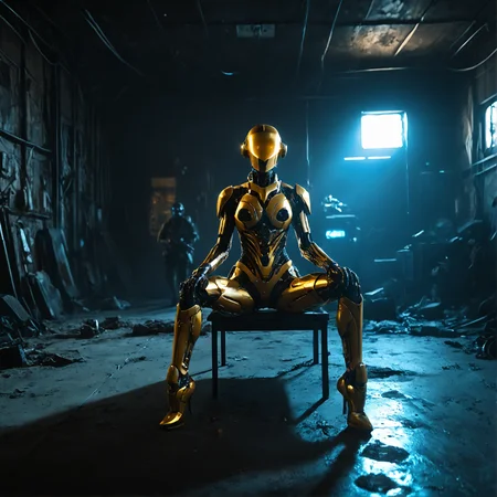 scifi post-apocalyptic theme, yellow metall flake costume, glittering, futuristic golden cyborg, woman biorobot,  scratches, dents, heavy used outfit, black visor, sniper, rifle, plazma gun in right hand, sitting at the roof of skyscrapper, pointing to the left,  in a neon cyber city, colorful, high contrast lighting, smooth contours and sharp lines, sci-fi element, 3d rendering , atmospheric, best quality, sharp focus, high contrast, stylized, dark, clear, surreal, ultra quality, 8k, best quality, masterpiece, midjourneyv6.1, detailmaximizer <lora:SDXL_Breast Size Slider:0.4> <lora:Realism_Lora_By_Stable_yogi_SDXL8.1:2>  <lora:Mechanism-pdxl-1:0.1> <lora:cinematic color motion picture film style:0.4> <lora:add-detail-xl:1> <lora:aidmaImageUpgraderSDXL-v0.3:0.1> <lora:S1_Dramatic_Lighting_v3:1> <lora:sdxl_glass:0.1> <lora:zy_Realism_Enhancer_v1:0.1>  <lora:SDXLFaeTastic2400:0> <lora:SDXLHighDetail_v6:0.1> <lora:SDXL_dark:0.5> <lora:d\EnvyZoomSliderXL01:-3>