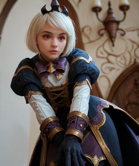 <lora:Orphea DORER:1>
score_9, score_8_up, score_7_up, score_6_up, score_5_up, score_4_up
solo,cute,Orphea, tiara, white hair, short hair, red eyes, gown,  purple bow,  puffy sleeves, leggings, black gloves, leaning forward,looking down,lower angle,