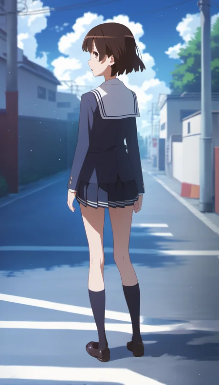 score_9,score_8_up,score_7_up,
<lora:megumikato:0.9>,
katomegumi,
1girl,solo,black hair,bangs,short hair,brown eyes,looking at viewer,parted lips,blue school uniform,long sleeves,pleated skirt,blue kneehighs,brown leather shoes,full body,standing,back view,
blurry background,outdoors,bloom,blue sky,cloud,light particles,lens flare,street,
