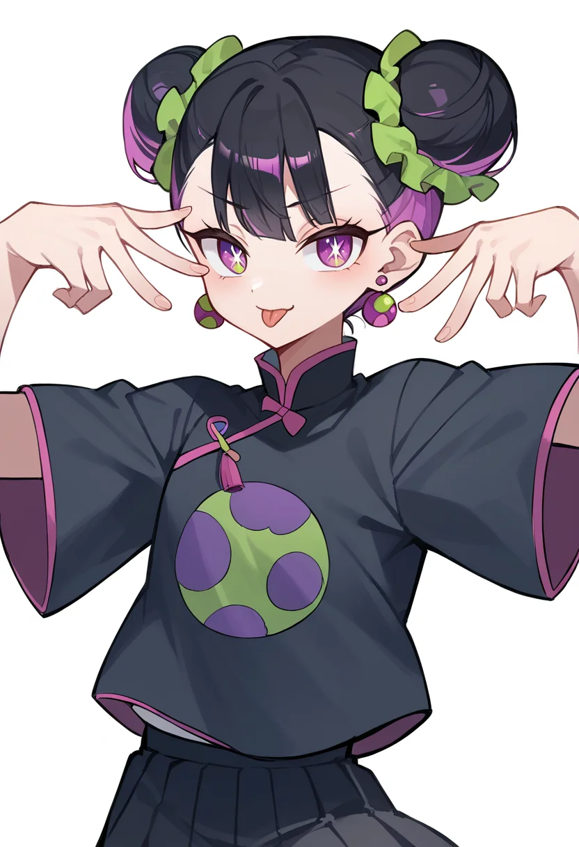 masterpiece, best quality, uncensored, source_anime BREAK score_9, score_8_up, score_7_up, score_6_up, score_5_up, score_4_up, 1girl, solo, nirachina, multicolored hair, double bun, green scrunchie, black hair, purple eyes, earrings, jewelry, Expressiveh, chinese clothes, short sleeves, black skirt, pleated skirt, aihoshinopose, double v, tongue out <lora:Expressive_H:0.6> <lora:add-detail-xl:0.5> <lora:ZutomayoStudyMe:0.8> <lora:pose_aihoshinopose_ponyXL:1>