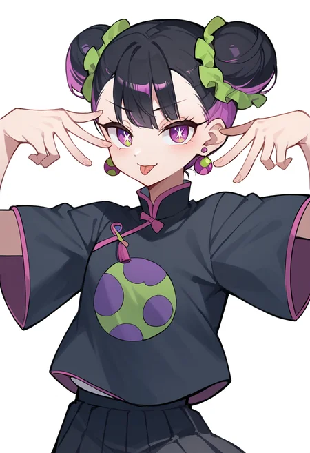 masterpiece, best quality, uncensored, source_anime BREAK score_9, score_8_up, score_7_up, score_6_up, score_5_up, score_4_up, 1girl, solo, nirachina, multicolored hair, double bun, green scrunchie, black hair, purple eyes, earrings, jewelry, Expressiveh, chinese clothes, short sleeves, black skirt, pleated skirt, aihoshinopose, double v, tongue out <lora:Expressive_H:0.6> <lora:add-detail-xl:0.5> <lora:ZutomayoStudyMe:0.8> <lora:pose_aihoshinopose_ponyXL:1>