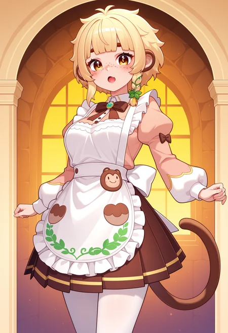 1girl, solo, <lora:BananaJuju_v2:0.8> bananajuju, short hair, symbol in eye, side braid, blunt bangs, freckles, monkey ears, monkey tail, skin fang, blunt bangs, blonde hair, medium breasts,
pastel cafe uniform, puffy sleeves, lace apron, pleated skirt, white pantyhose, bow, (long shot), detailed face, located in a magical scene at a mystical crystal cave during golden hour with breezy weather, illuminated by moonlight, creating a wondrous,enchanting atmosphere