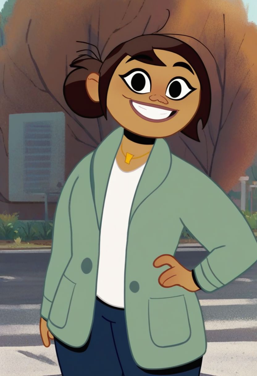Sharon,brown hair,hair bun,white shirt,green jacket, black eyes, choker, outdoors, hand on hip, looking at viewer, smile, score_9 score_8_up score