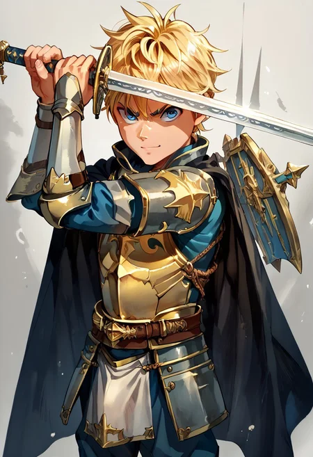 score_9, score_8_up, score_7_up, 1boy, solo, cute boy, young, blonde hair, blue eyes, angry smile, cape, breastplate, pauldrons, bracers, codpiece, loincloth, knight boy, holding sword, high guard sword parry stance