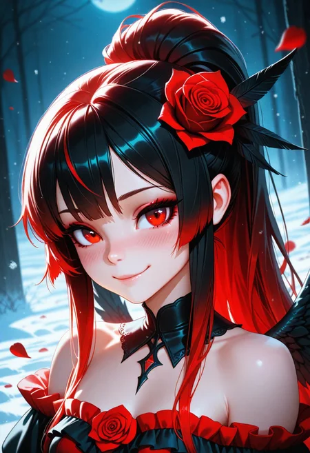 masterpiece, best quality, amazing quality, volumetric lighting, high contrast, (by_neoartcore:0.1), vibrant colour, BREAK, 1girl, 25 years old, cute, petite,
red eyes,
three quarter view, detailed face, portrait, face focus, depth of field, looking at viewer, blush, shy smile,
long hair, multicolored hair, two-tone hair, black hair, red hair, ponytail, sidelocks, hair ornament, hair flower, red rose,
vampire, eyeshadow, detached collar,
black wings, feather wings,
multicolored dress, black dress, red dress, layered dress, frilled dress, frills, bare shoulders,
snow, night, fog, red roses, rose petals,