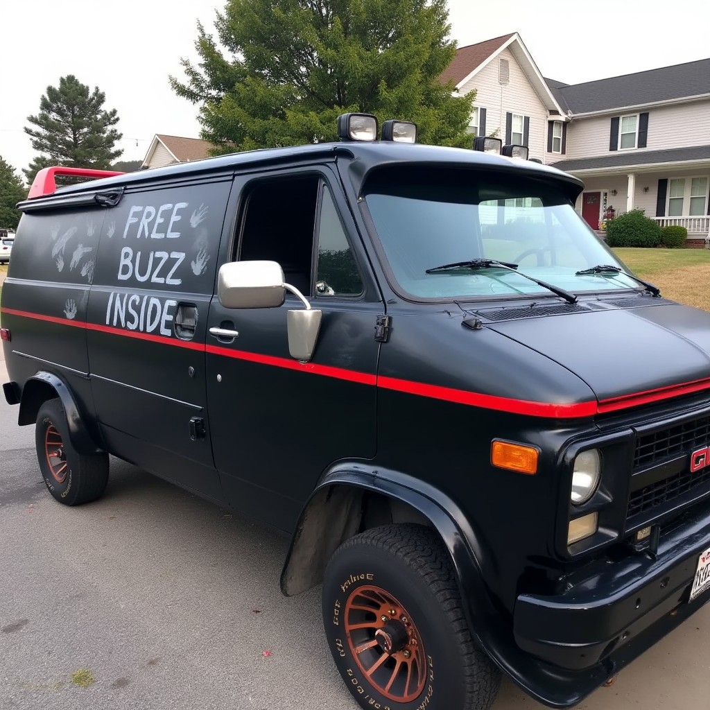 A Run-down and dented black GMC Vandura with a signature red stripe. On the side of the van,  the words “FREE BUZZ INSIDE” spray-painted in white on the side of the van, along with what appears to be smeared handprints and streaks, giving it a disturbing and ominous appearance. The setting is a suburban neighborhood, with two-story houses in the background.