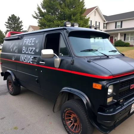 A Run-down and dented black GMC Vandura with a signature red stripe. On the side of the van, the words “FREE BUZZ INSIDE” spray-painted in white on the side of the van, along with what appears to be smeared handprints and streaks, giving it a disturbing and ominous appearance. The setting is a suburban neighborhood, with two-story houses in the background.
