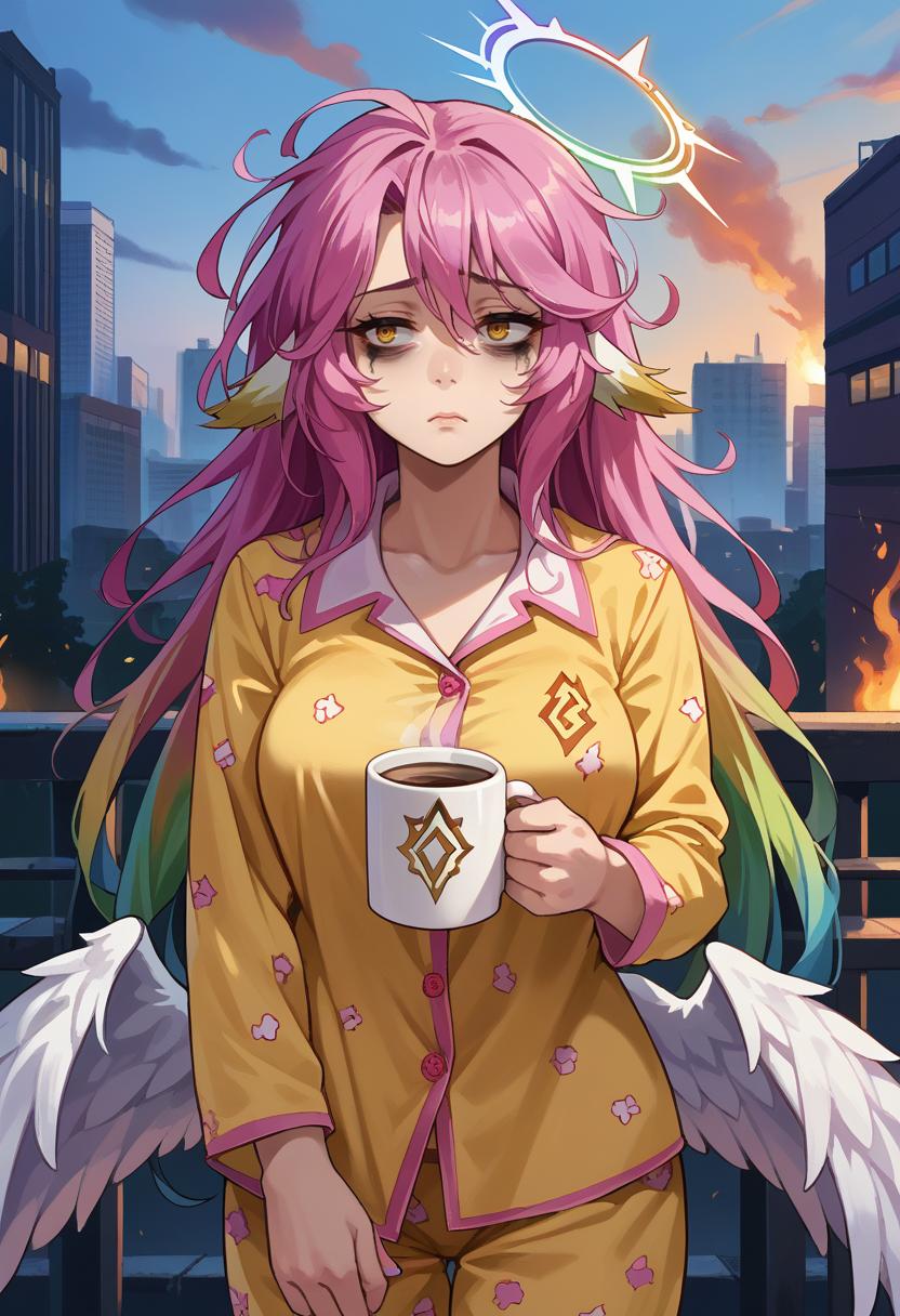 score_9, score_8_up, score_7_up, source_anime, <lora:wrenchNGNLJibril_1:1>, wrnchngnljbrl, pink hair, compass rose halo, feathered wings, low wings, bird ears, white wings, yellow eyes, 
large breasts, multicolored hair, gradient hair, 
tired, looking away, standing, holding coffee mug, bags under eyes, pajamas, outdoors, city, fire, debris, (messy hair:1.2),