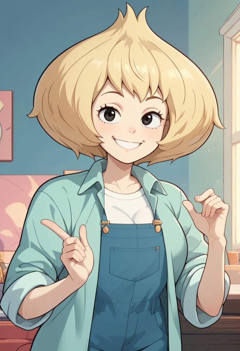 ((bedroom background)),score_9, score_8_up, score_7_up,score_6_up,
1girl, Solo, VidaliaMilf_SU, mature, pale white skin, black eyes, pale blonde hair, short hair, messy voluminous hair, large mint green shirt, blue overalls with cuff over pants, white t-shirt under overalls, red slippers, big eyes, tall stature, social smile, sexy face, close-up, cowboyshot, perfect eyes, perfect smile, looking at the viewer, big breasts, detailed eyes, perfect eyes, cute, standing, head on, front pose