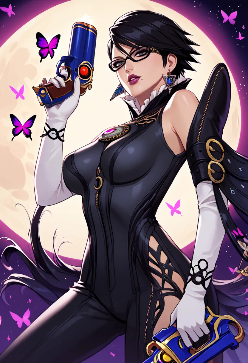 PonyXLV6_Scores,source_anime,masterpiece,best quality, highly detailed,cinematic,unity 8k wallpaper, amazing quality, masterpiece, best quality, UHD, perfect anatomy,
BREAK
<lora:bayonneta:0.8>cereza,1girl, bayonetta, mole under mouth, solo, mole, glasses, black hair, weapon, moon, gun, jewelry, bodysuit, gloves, butterfly, short hair, earrings, bug, alternate hair length, elbow gloves, looking at viewer, lipstick, lips, makeup, amulet, holding, breasts, white gloves, full moon, handgun, very long hair, parted lips, night