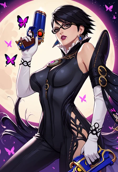PonyXLV6_Scores,source_anime,masterpiece,best quality, highly detailed,cinematic,unity 8k wallpaper, amazing quality, masterpiece, best quality,  UHD, perfect anatomy,
BREAK
 <lora:bayonneta:0.8>cereza,1girl, bayonetta, mole under mouth, solo, mole, glasses, black hair, weapon, moon, gun, jewelry, bodysuit, gloves, butterfly, short hair, earrings, bug, alternate hair length, elbow gloves, looking at viewer, lipstick, lips, makeup, amulet, holding, breasts, white gloves, full moon, handgun, very long hair, parted lips, night