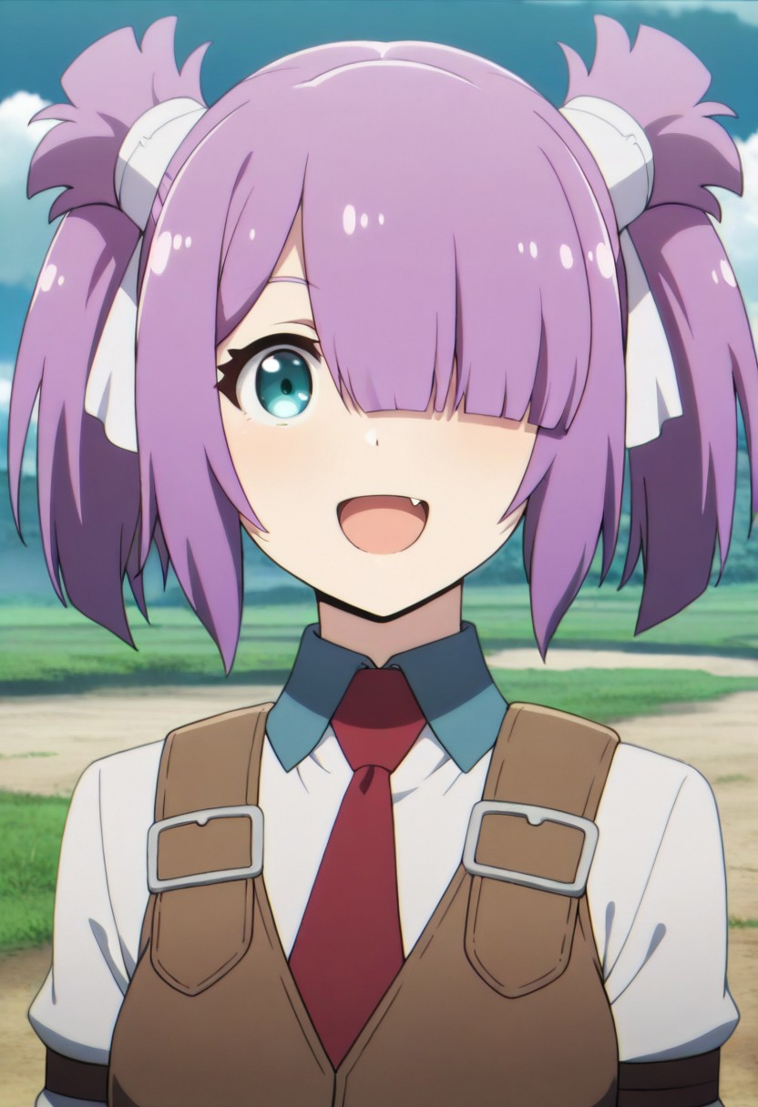 masterpiece,best quality,amazing quality, laura satii, purple hair, turquoise eyes, short hair, 1girl, necktie, solo, hair over one eye, red necktie, smile, shirt, open mouth, looking at viewer, twintails, upper body, collared shirt, outdoors, vest