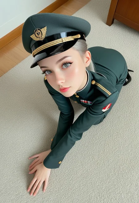 (score_9, score_8_up, score_7_up, score_6_up, highest score, best quality:1.2), zPDXL3, NEGATIVE_HANDS, detail1eye, hi-res. 8k,1boy, 22 year old, femboy, trap, cute petite femboy stay on ground full body, (dynamic angle, from side:1.4), full body shot, (face focus:1.2), pretty grey eyes, long grey hair, ponytail, eyelashes, pink glossy lipstick, flat breasts, dark green gr3n@di3r, grenadier, hat, uniform, military uniform, looking at viewer, (22yo, slim body:1.2), gorgeous femboy, ponytail, cute face, petite body, slender, Grenadier, indoors