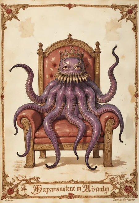 Illuminated manuscript illustration of a 8-tentacled purple octopus on a medieval kings throne wearing a kings crown and holding a scepter in one tentacle. The parchment background is aged and textured, while ornate golden borders frame the solemn yet mystical scene.