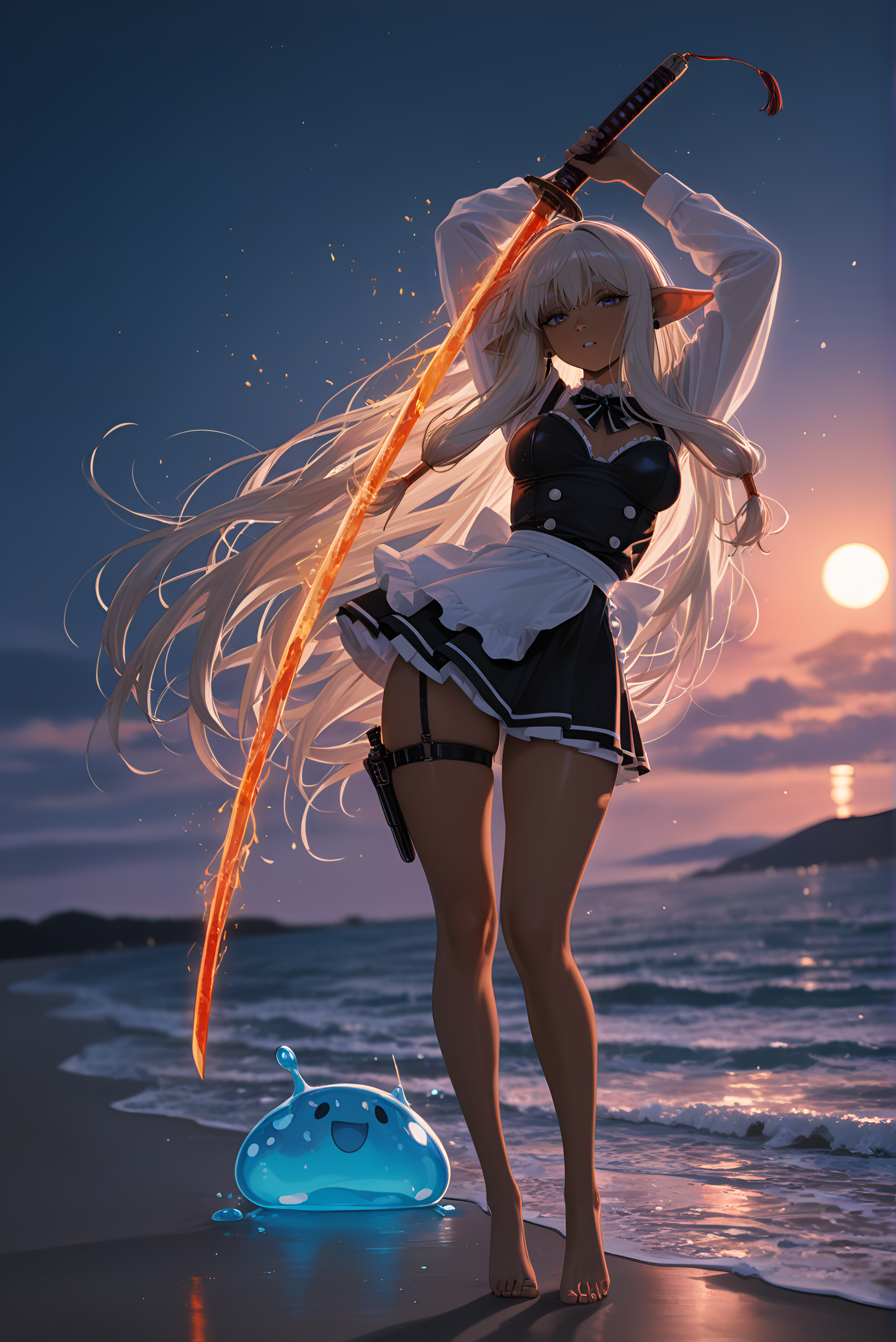 ultra-detailed, Medium long shot, drawing a gleaming katana from its sheath, 2boys, Scientist's laboratory, barefoot, long_nails, Balayage hair, very long hair, best quality, nail_polish, Watercolor Palette Theme, 8K, Sky Pirate, night, vhs tape aesthetic, ambient occlusion, Rapunzel-length, slime, golden_haze, blurry background, Serie (Frieren), lazy_shadows, garter_straps, sun_drenched_curves, absolutely eye-catching, depth of field, wolf_ears, motion_blur:1.1, short_skirt, slime_(creature), amazing quality, beach_perspective, newest, masterpiece, very aesthetic, perky breasts, maid_uniform_(sexy_version), low_cut, absurdres, summer_warmth, vibrant_details, HDR, Film Grain, anime character, 1girl, dark skin, arms up seductively, motion_lines:1.1